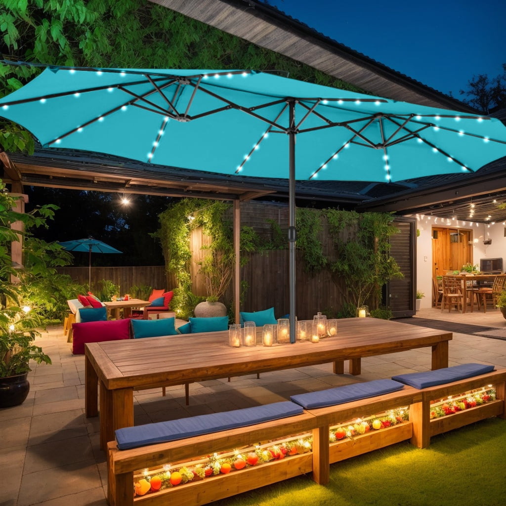 Spaco 15 Feet Twin Patio Umbrella with 48 Solar LED Lights, Double-side Canopy Shade for Patio, Garden, Backyard, Turquoise