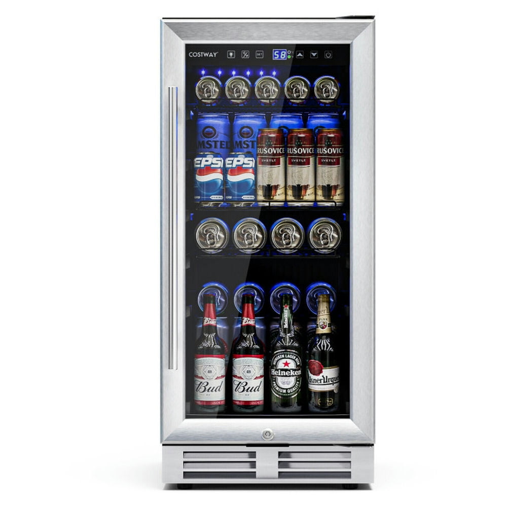 Silver 15-Inch Beverage Cooler with LED Lights and Adjustable Shelves
