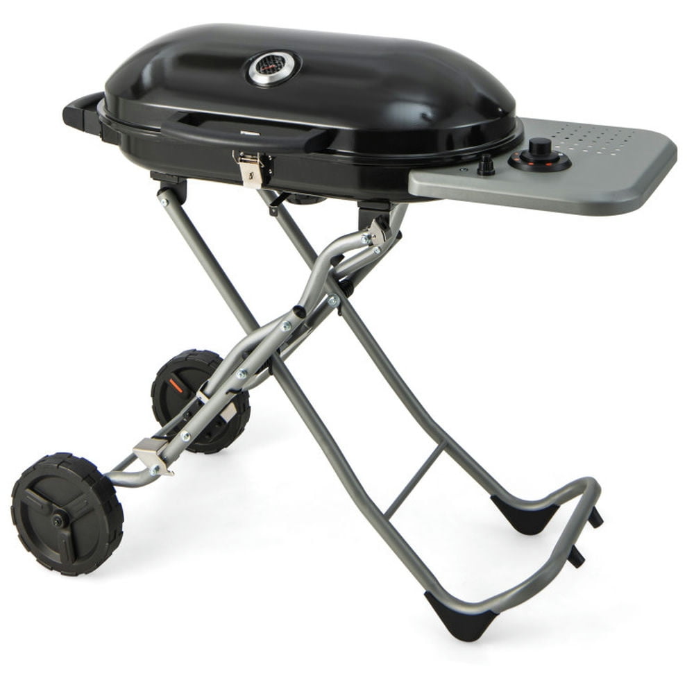 Spaco 15000 BTU Portable Propane BBQ Grill with Wheels and Side Shelf-Black, Camp Stove for Outdoor Cooking
