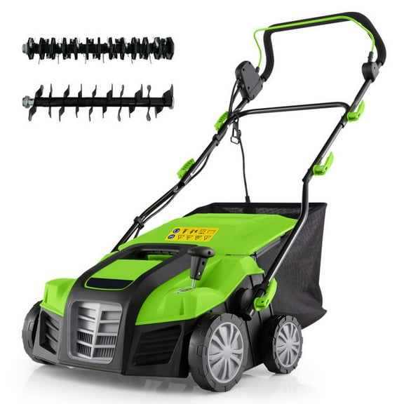 Spaco 16-Inch Electric Lawn Dethatcher and Scarifier with Collection Bag-Green