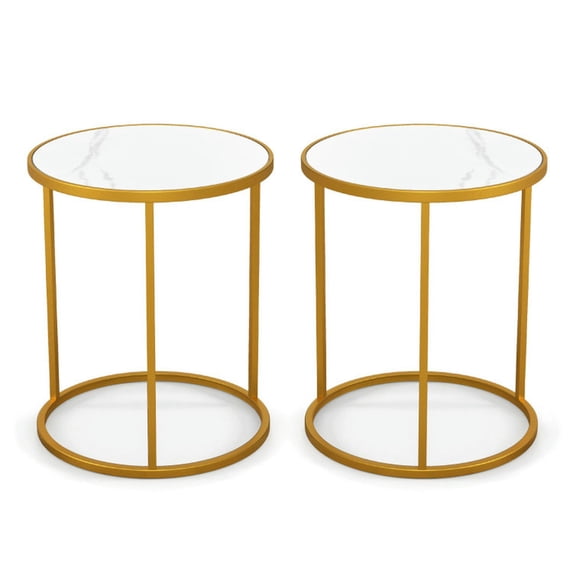 Spaco 16 Inch Marble Top Round Side Table with Golden Metal Frame for Living Room Bedroom-Set of 2, Nightstand Small Side Table, End Table for Bedroom Living Room