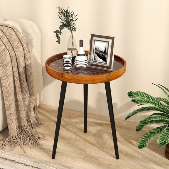 Spaco 16 Inch Round End Table with Sea Shell Decoration and Epoxy Resin Finish, End & Side Table for Indoor as Home, Brown