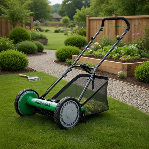 Spaco 16" Manual Push Lawn Mower, Eco-Friendly Gas-Free Mower with 5-Blade Steel Cutting System, 7-Gallon Grass Catcher Bag, Adjustable Height Settings & Wall-Saving Foldable Design, Green