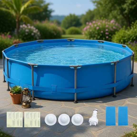 Spaco 1617-Gallon Outdoor Family Swimming Pool, 12 ft Round Metal Frame Pool with Heavy-Duty Triple-Layer PVC Liner, Easy Drainage & Tool-Free Setup, L