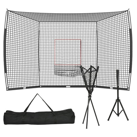 Spaco 17' x 5.5' Baseball Net with Strike Zone, Tee, Caddy, and Carry Bag for Pitching and Hitting, Portable Extra Large Softball and Baseball Training Equipment, Black