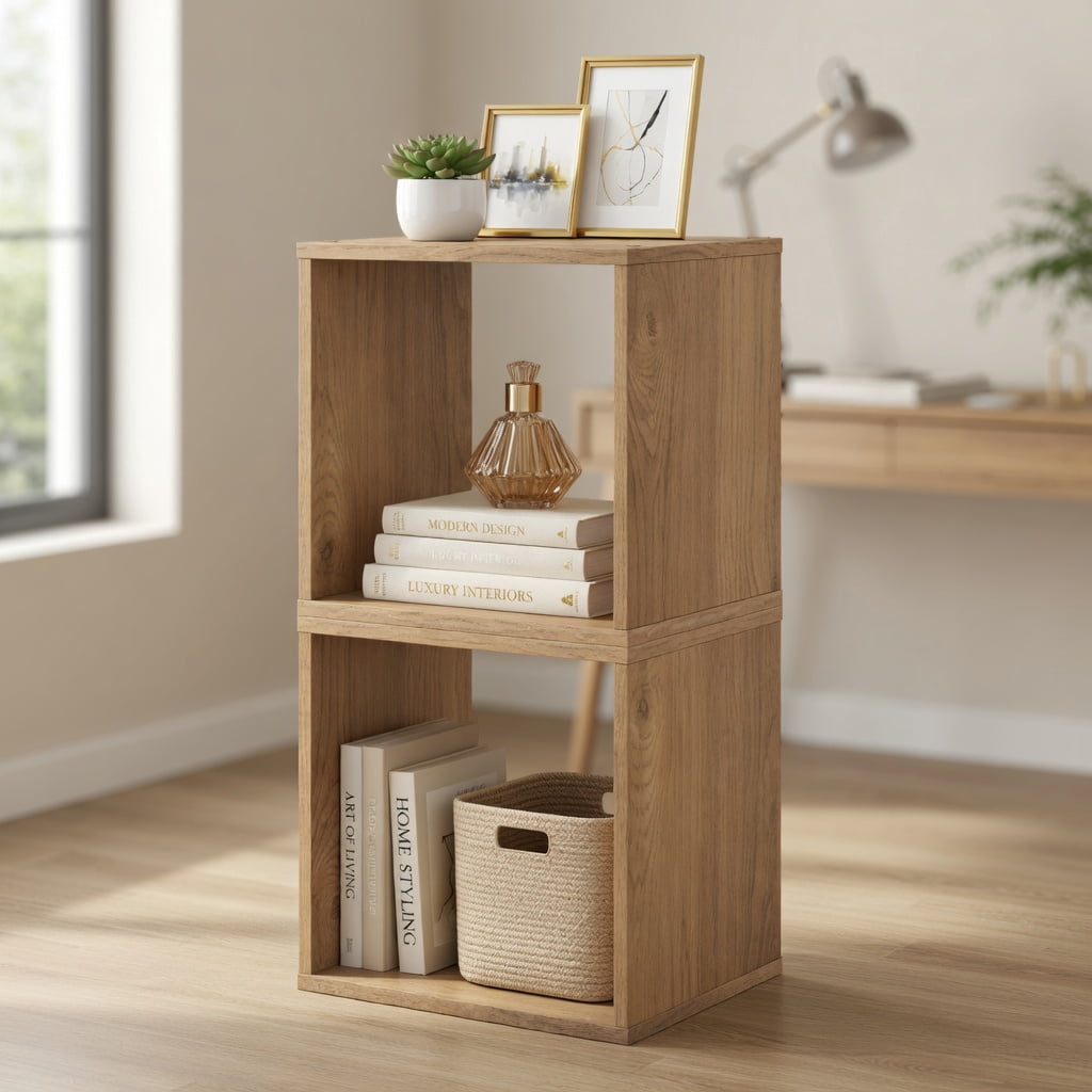 Spaco 2 Cubes Stackable Bookcase for Living Room and Study-Natural, Tall Bookshelf, Shelves for Living Room, Home Office, Bedroom, Balcony