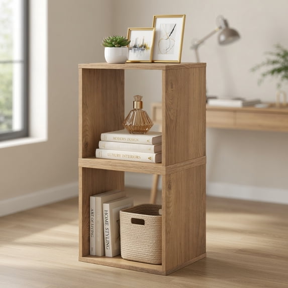 Spaco 2 Cubes Stackable Bookcase for Living Room and Study-Natural, Tall Bookshelf, Shelves for Living Room, Home Office, Bedroom, Balcony