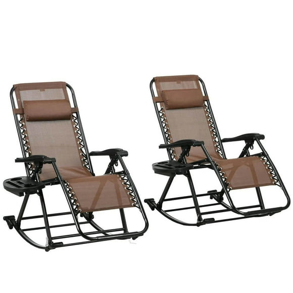 Spaco 2 Outdoor Rocking Chairs with Pillow Cup & Phone Holder, Foldable Reclining Zero Gravity Lounge Rockers for Outdoor, Brown