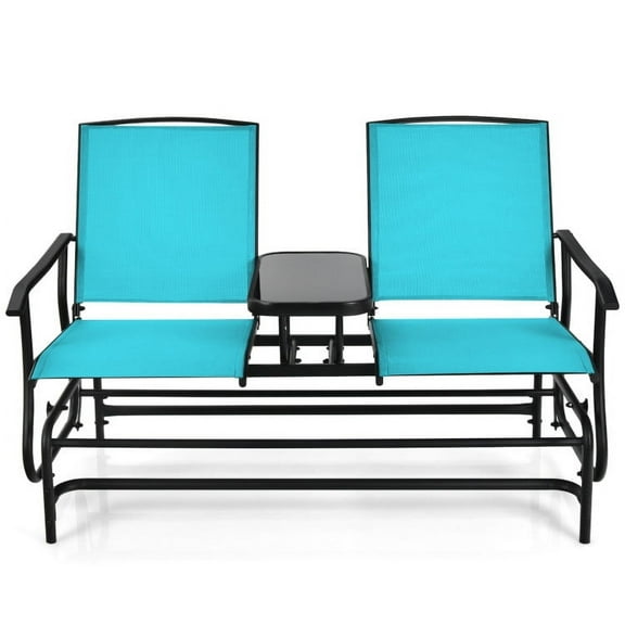 Spaco 2-Person Double Rocking Loveseat, Outdoor Patio Rattan Conversation Bistro Set with Mesh Fabric and Center Tempered Glass Table-Turquoise for Garden Balcony Backyard Porch Lawn