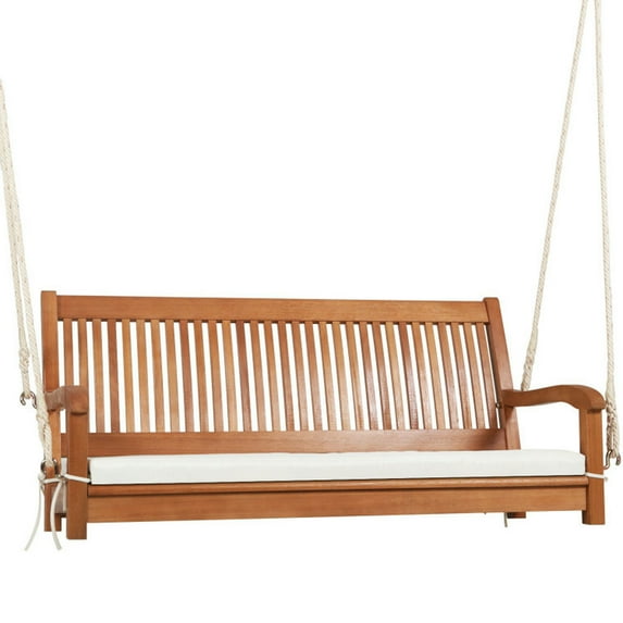 Spaco 2-Person Hanging Porch Swing Wood Bench, Swing Bench with Cushion Curved Back, Well-Constructed Swing Bench for Outdoor as Garden, Patio, Natural