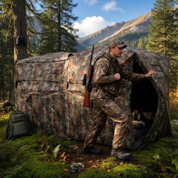 Spaco 2-Person Modular Side-by-Side Hunting Blind Set, Double One-Way See-Through Ground Blind with Waterproof Camo Oxford Fabric, Fiberglass Frame & Quick-Pop Setup (169" L x 58" W x 66" H)
