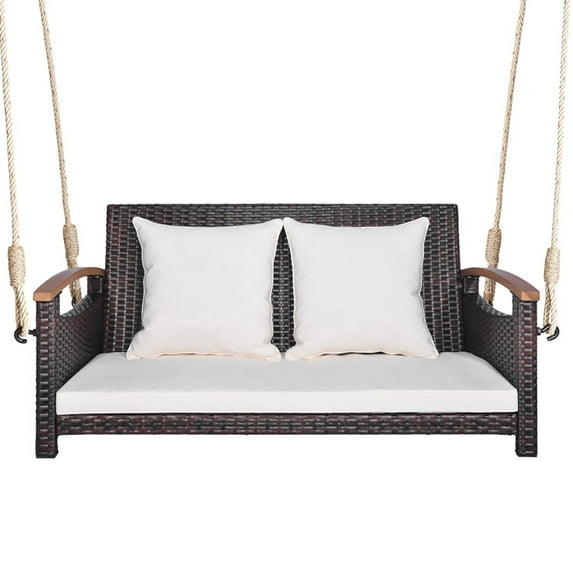 Spaco 2-Person Patio Rattan Porch Swing, 2-Seater Hanging Bench, Pillow for Backyard Garden Poolside