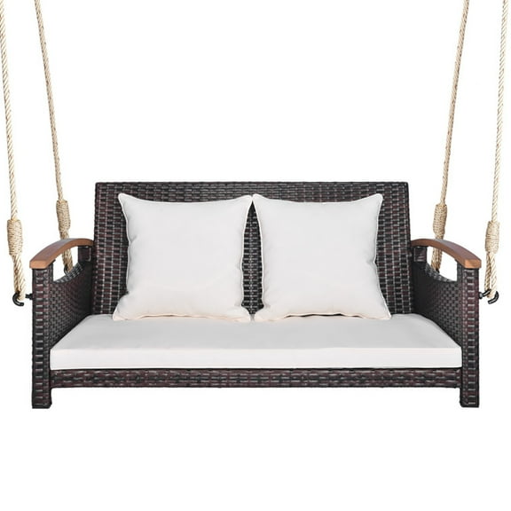 Spaco 2-Person Patio Rattan Porch Swing, 2-Seater Hanging Bench, Pillow for Backyard Garden Poolside