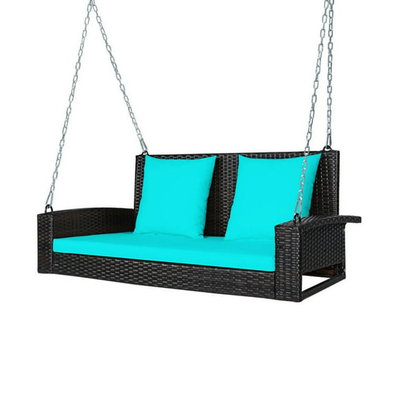 Spaco 2-Person Patio Rattan Porch Swing with Cushions, Patio Swing Chair, Turquoise