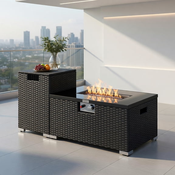 Spaco 2-Piece Outdoor Rattan Gas Fire Table Set, 32" Rectangle Fire Pit with Tank Cover, CSA-Certified, 40,000 BTU, Black PE Wicker