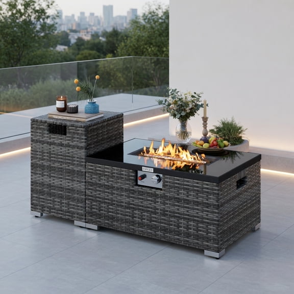 Spaco 2-Piece Outdoor Rattan Gas Fire Table Set, 32" Rectangle Fire Pit with Tank Cover, CSA-Certified, 40,000 BTU, Gray PE Wicker