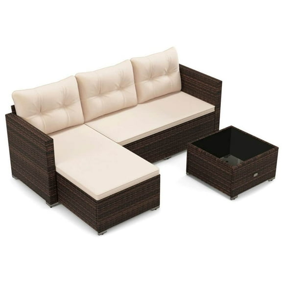 Spaco 2-Piece Outdoor Wicker Furniture Set with Tempered Glass Coffee Table and Soft Cushions, Outdoor Patio Sectional Furniture Set, Beige