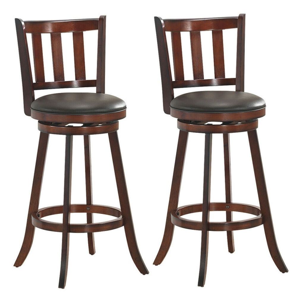Nut-Brown Rubberwood and PVC Leather Swivel Bar Stools, Set of 2