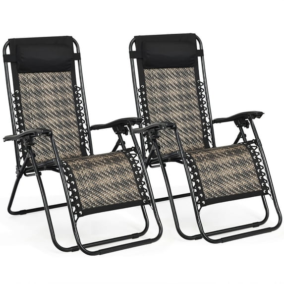 Spaco 2 Pieces Folding Patio Rattan Zero Gravity Lounge Chair-Gray, Oversized Padded Zero Gravity Chair, Foldable Patio Recliner with Cup Holder