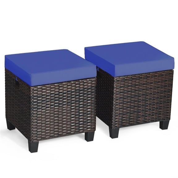 Spaco 2 Pieces Outdoor Patio Rattan Ottoman Set with Removable Cushions for Garden, Balcony, Poolside, Blue