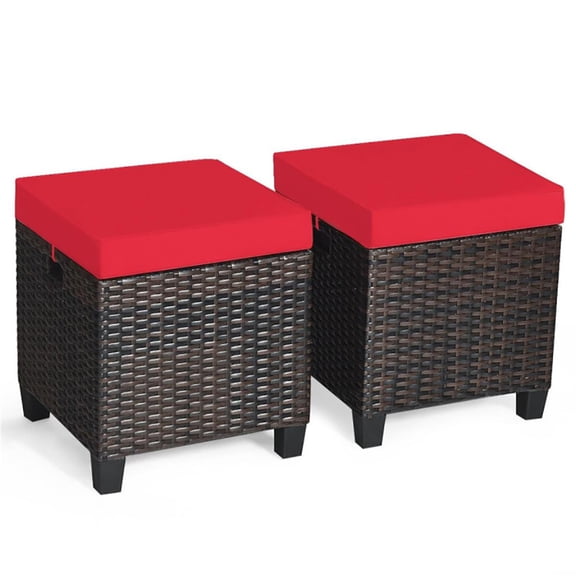 Spaco 2 Pieces Outdoor Patio Rattan Ottoman Set with Removable Cushions for Garden, Balcony, Poolside, Red