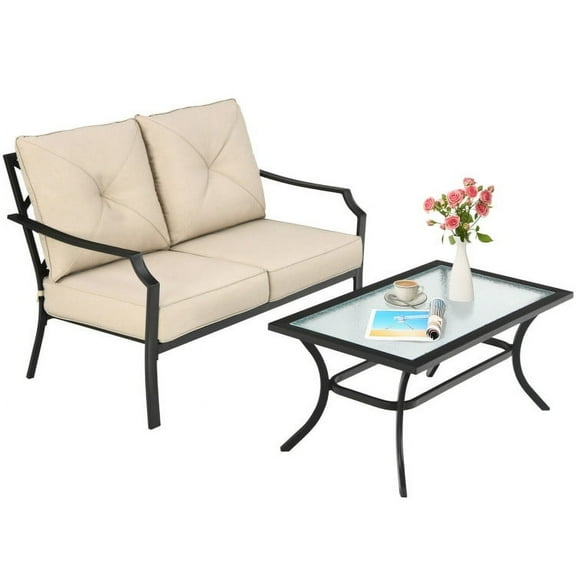 Spaco 2 Pieces Patio Outdoor Cushioned Sofa Bench, Deluxe Outdoor Patio with Coffee Table-Beige