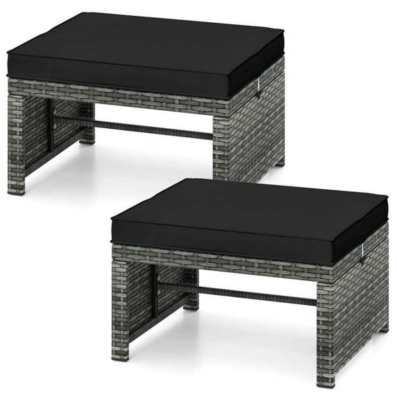 Spaco 2 Pieces Patio PE Rattan Ottomans, Patio Rattan Chair with Soft Zippered Cushions for Patio, Garden, Backyard, Black