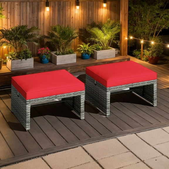 Spaco 2 Pieces Patio PE Rattan Ottomans, Patio Rattan Chair with Soft Zippered Cushions for Patio, Garden, Backyard, Red