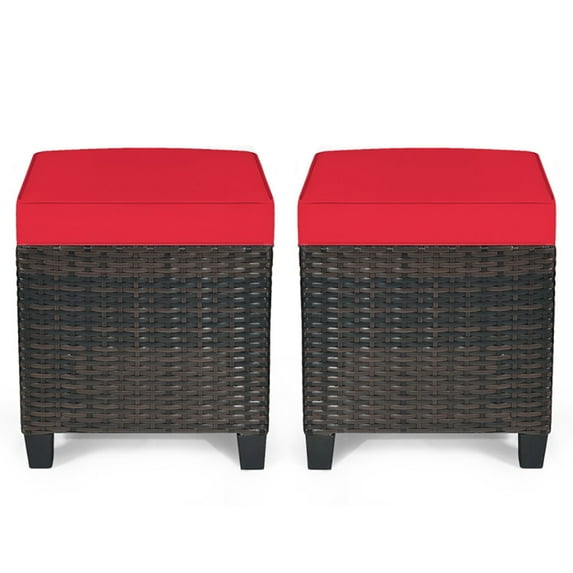 Spaco 2 Pieces Patio Rattan Ottoman Set with Removable Cushions-Red, All Weather Wicker Ottoman, Outdoor Footstool Footrest Furniture