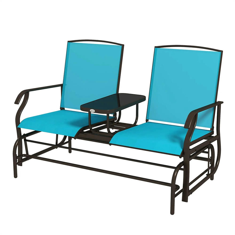 Blue Steel Mesh Fabric 2-Seater Outdoor Glider with Armrests