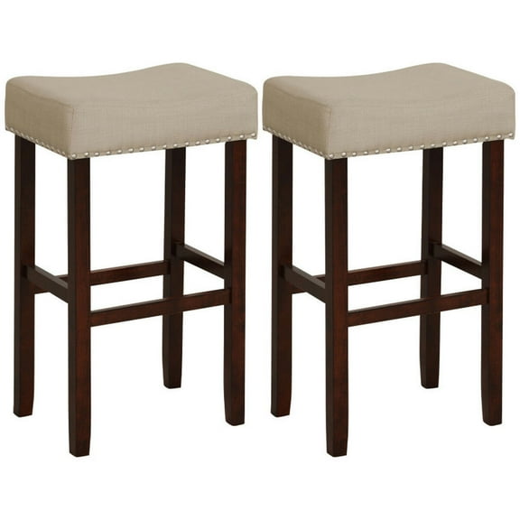 Spaco 2 Set of 29 Inch Height Upholstered Bar Stool with Solid Rubber Wood Legs and Footrest-Beige, Bar Height Stools, Counter Height Bar Stools for Kitchen, Dining Room