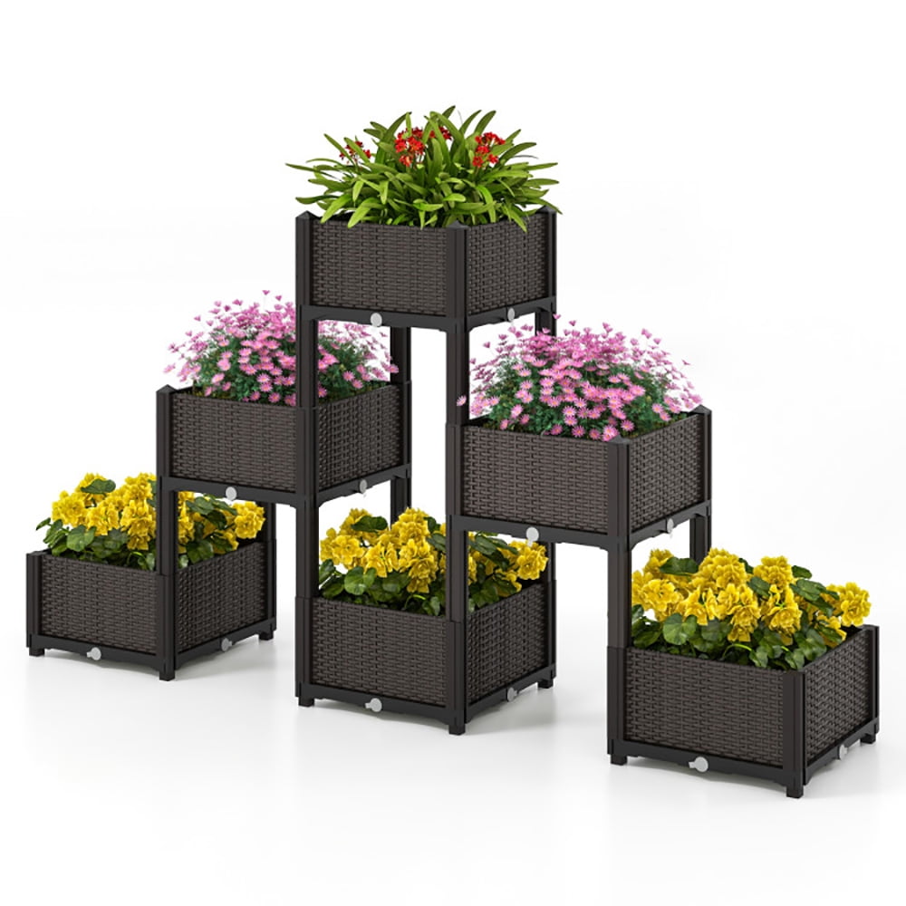 Spaco 2 Set Elevated Plastic Raised Garden Bed Planter Kit for Flower Vegetable Grow, Planter Raised Beds, Planter Boxes Outdoor, Raised Beds for Gardening-Brown
