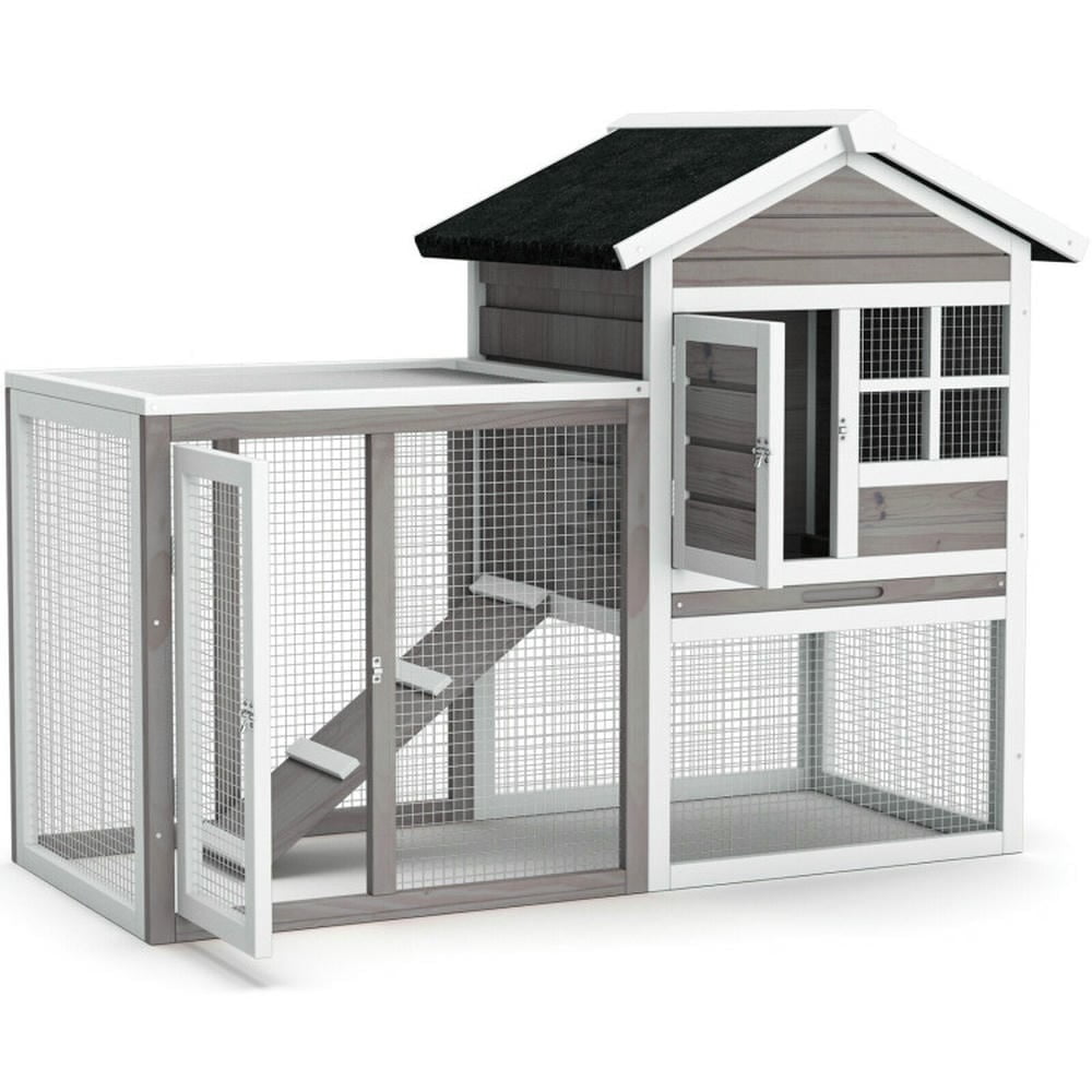 Spaco 2-Story Wooden Rabbit Hutch with Running Area-Gray,Wooden Outdoor Shelter, Weatherproof Pet Home, Ideal for Cats, Rabbits, Bunnies, Guinea Pigs