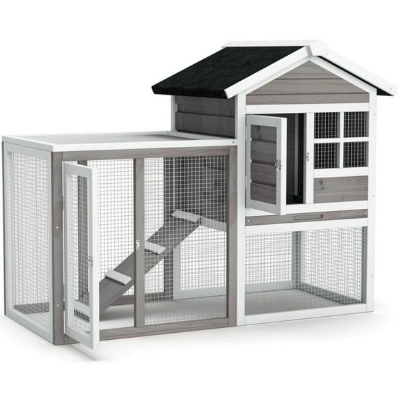 Spaco 2-Story Wooden Rabbit Hutch with Running Area-Gray,Wooden Outdoor Shelter, Weatherproof Pet Home, Ideal for Cats, Rabbits, Bunnies, Guinea Pigs