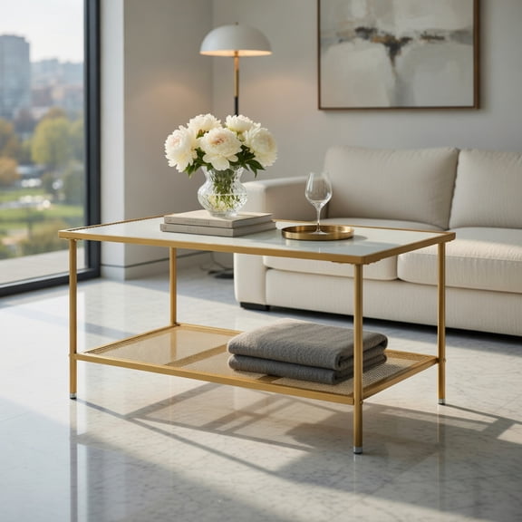 Spaco 2-Tier Coffee Table with Shelf Center Tea Table with Tempered Glass Top-Golden, Modern Coffee Table for Living Room Office Reception