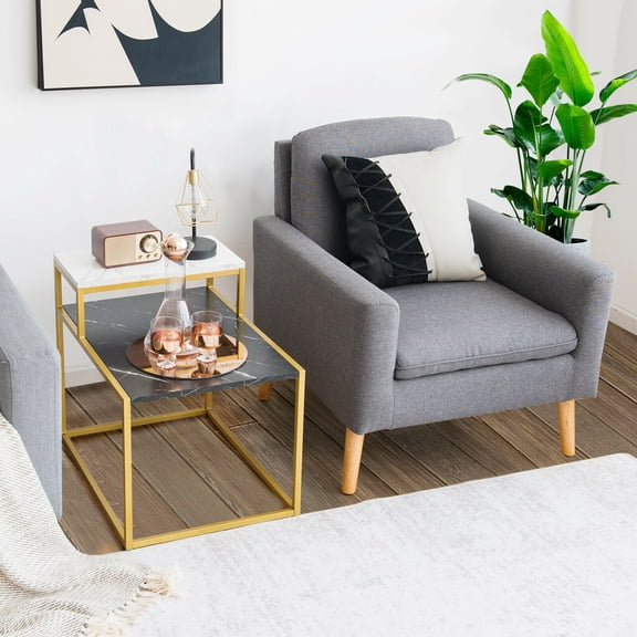 Spaco 2 Tier End Side Table with Metal Frame and Storage Shelf for Living Room-White, Modern Coffee Table for Living Room Office Reception