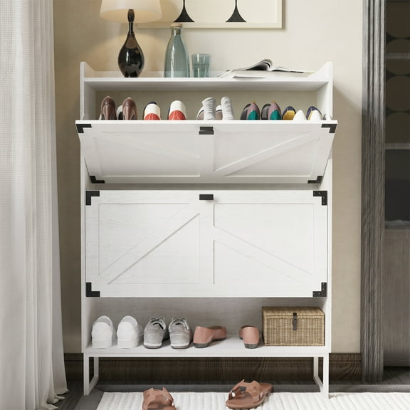 Spaco 2-Tier Flip Drawer Shoe Rack, High-Quality MDF, Black Metal Handles, for Space-Saving Storage