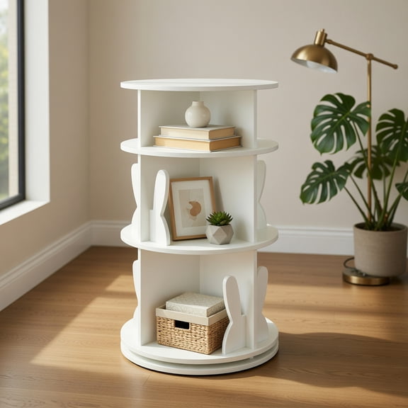 Spaco 2 Tier Freestanding Kids Rotating Bookshelf Storage Rack with Bunny Baffles, Storage Bookshelf, White