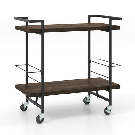Spaco 2-Tier Home Bar Cart with Lockable Wheels and Heavy-Duty Metal Frame-Rustic Brown, Kitchen Storage Shelf for Spices, Pots, and Pans