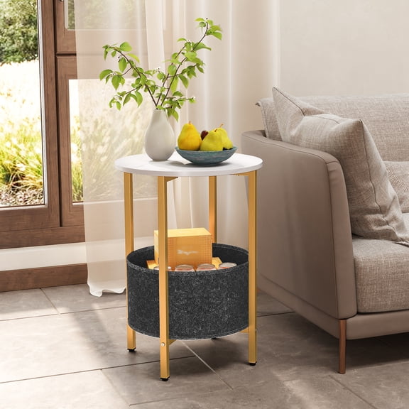 Spaco 2-Tier Metal Frame Round End Table, Removable Fabric Storage Basket, X-Shaped Support Base, White