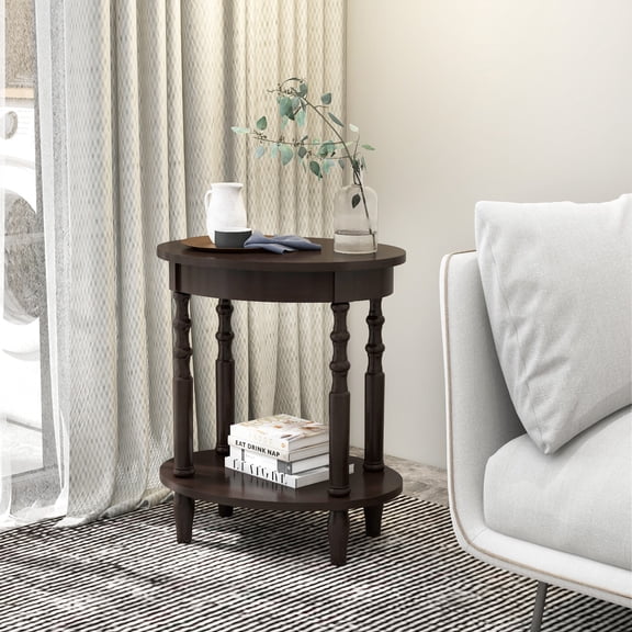 Spaco 2-Tier Oval Side Table with Storage Shelf and Solid Wood Legs-Espresso, Nightstand Small Side Table, End Table for Bedroom Living Room