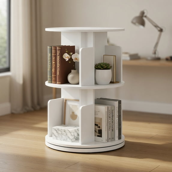 Spaco 2-Tier Rotating Bookshelf - 360° Swivel Rounded Baffles, Dividers Home Display Rack, White