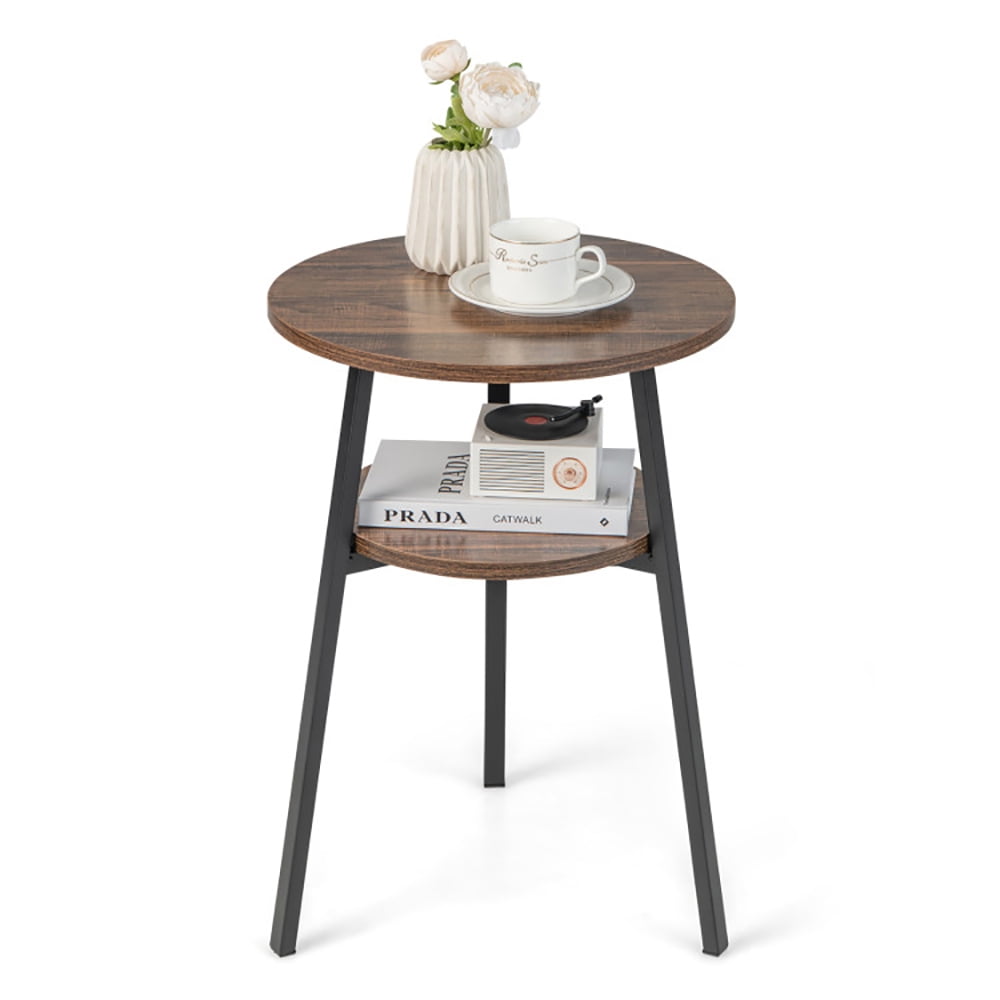 Spaco 2-Tier Round End Table with Open Shelf and Triangular Metal Frame-Brown, Nightstand Small Side Table, End Table for Bedroom Living Room Spaco 2-Tier Round End Table with Open Shelf and Triangular Metal Frame-Brown, Nightstand Small Side Table, End Table for Bedroom Living Room