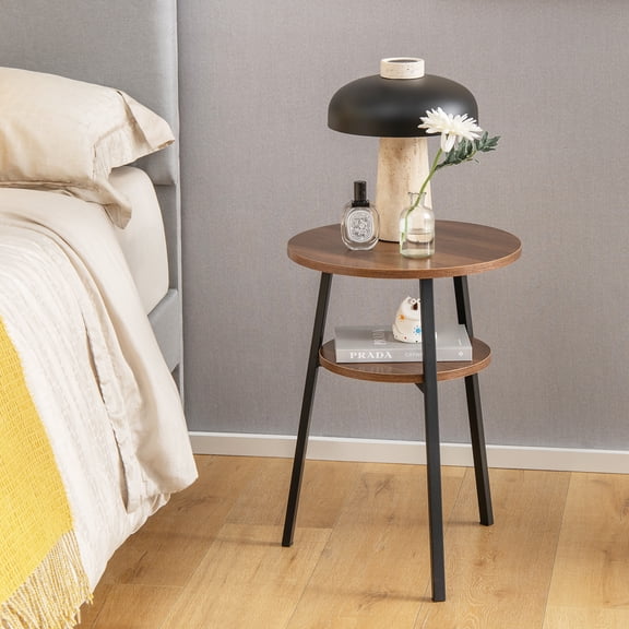 Spaco 2-Tier Round End Table with Open Shelf and Triangular Metal Frame-Walnut, Nightstand Small Side Table, End Table for Bedroom Living Room