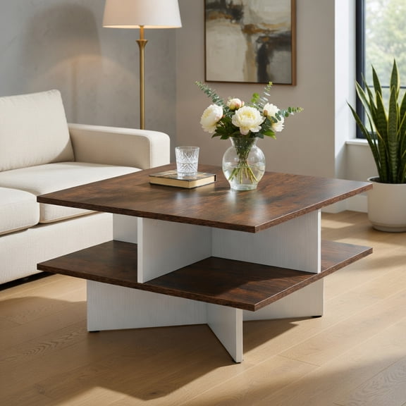 Spaco 2-Tier Square Coffee Table, 4 Storage Compartments, Reinforced Cross Base, Rustic Brown & White