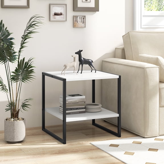 Spaco 2-Tier Square End Table with Storage Shelf Reversible Design-White, End Table