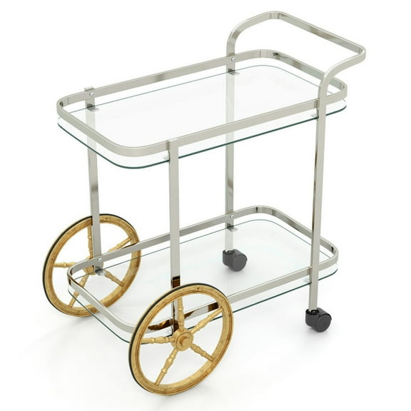 Spaco 2-Tier Tempered Glass Bar Cart with 2 Large Aluminum Wheels and 2 Rolling Casters,