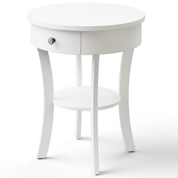 Spaco 2-Tier Wood Round End Table with Open Drawer-White, Nightstand Small Side Table, End Table for Bedroom Living Room