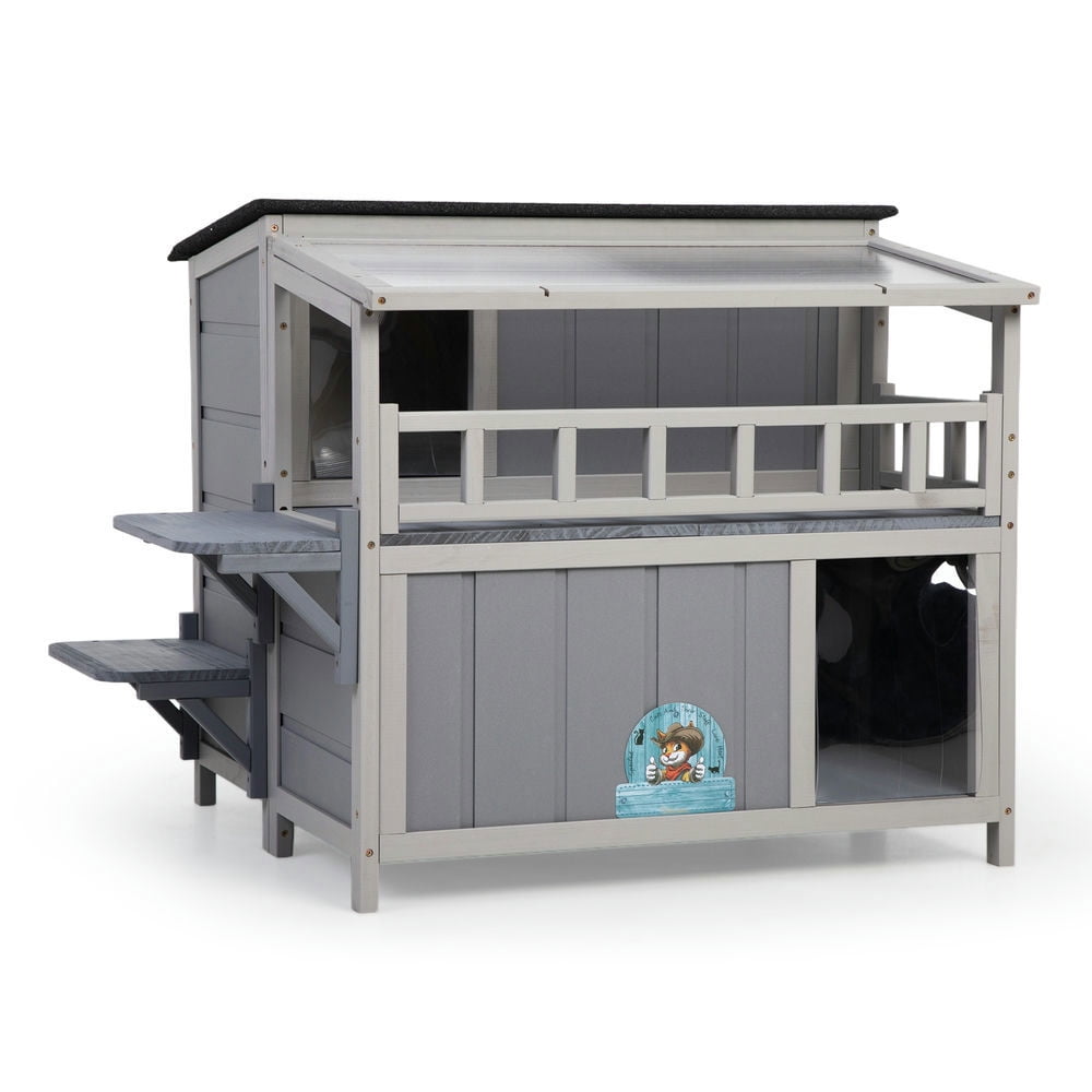 Spaco 2-Tier Wooden Cat House & Enclosure with Jumping Platforms and Play Run, Waterproof Outdoor Cat Cage, Gray