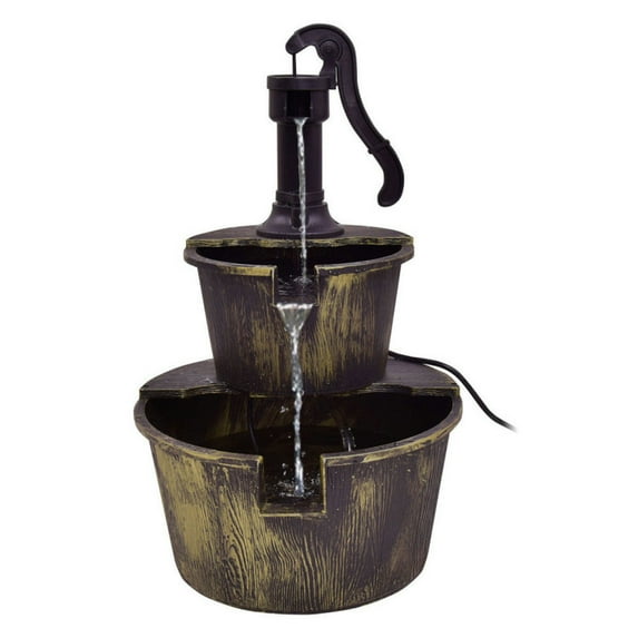 Spaco 2 Tiers Outdoor Barrel Waterfall Fountain with Pump, Perfect Ornament with Four Suckers, High-Quality Material Barrel Fountain, Submersible Pump for Outdoor, Bronze
